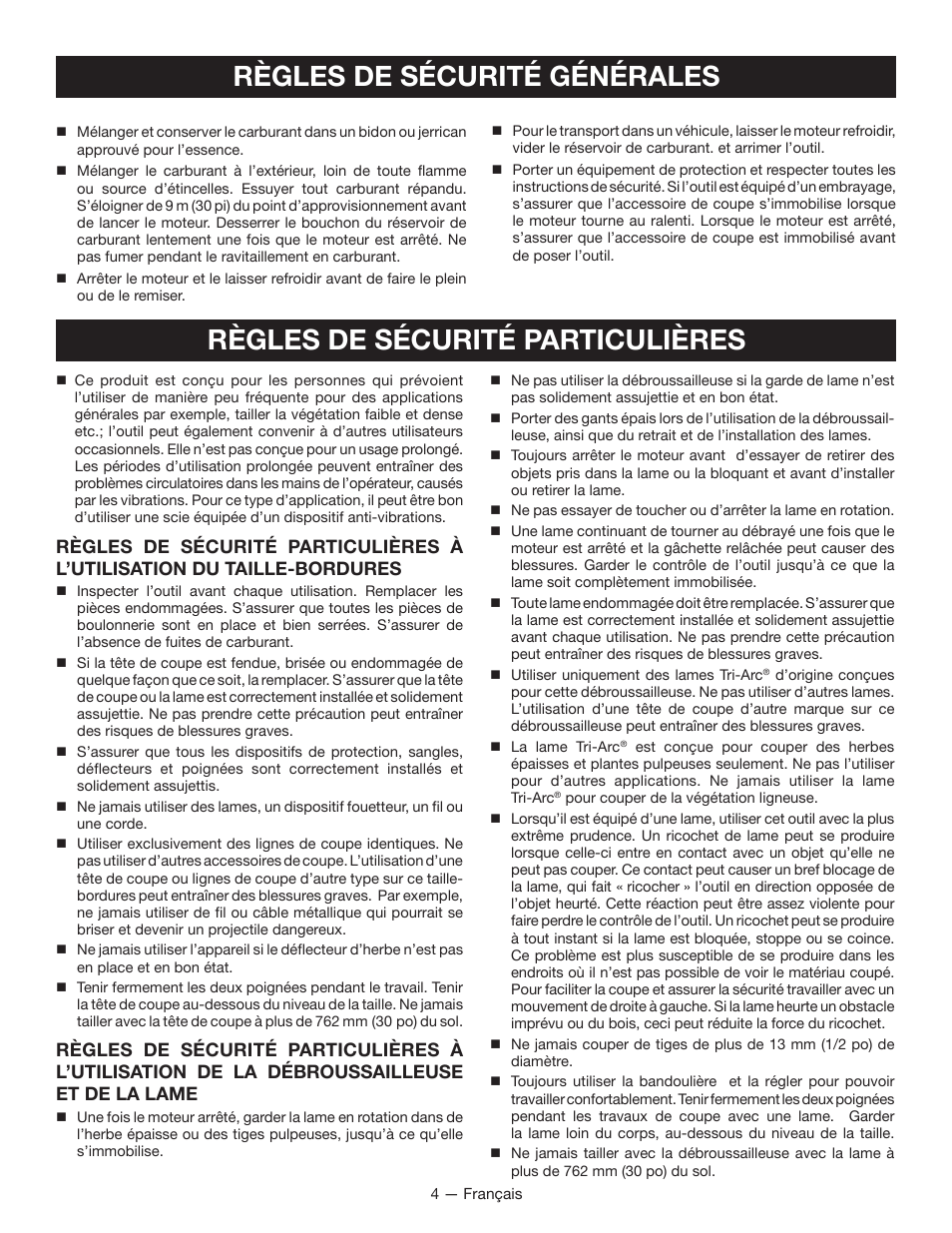 Règles de sécurité générales, Règles de sécurité particulières | Ryobi RY28160 User Manual | Page 23 / 52