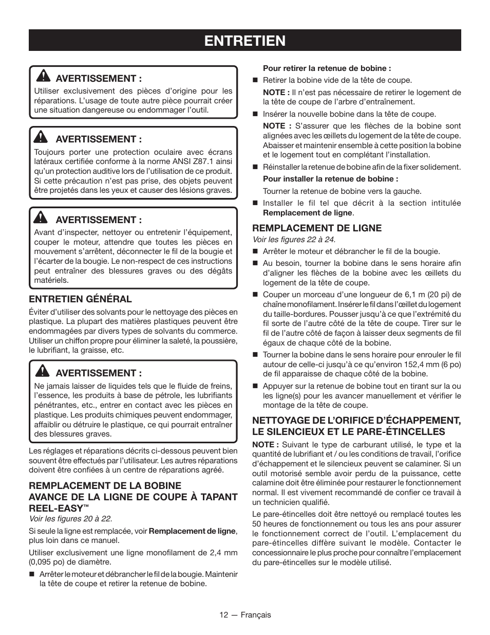 Entretien | Ryobi RY28160 User Manual | Page 31 / 52