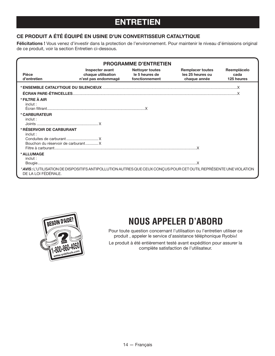 Nous appeler d’abord, Entretien, Besoin d’aid e | Ryobi RY28160 User Manual | Page 33 / 52