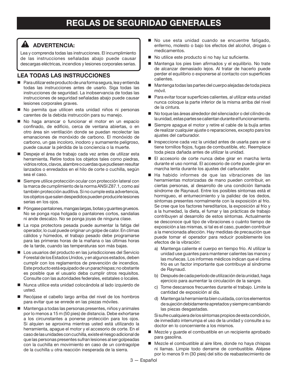 Reglas de seguridad generales, Advertencia, Lea todas las instrucciones | Ryobi RY28160 User Manual | Page 37 / 52