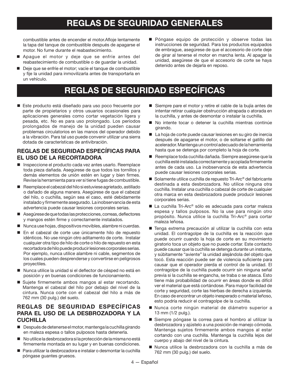 Reglas de seguridad específicas, Reglas de seguridad generales | Ryobi RY28160 User Manual | Page 38 / 52