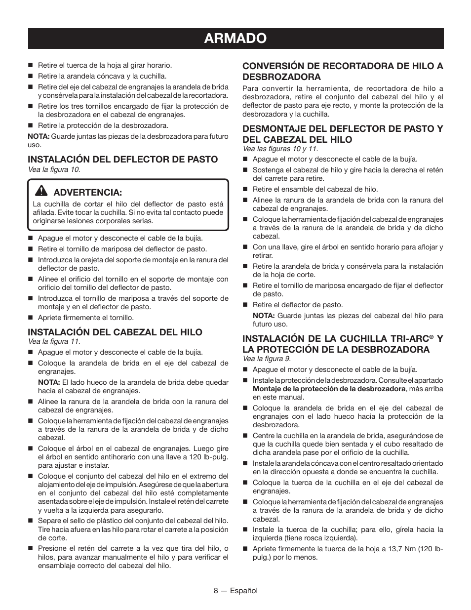 Armado, Instalación del deflector de pasto, Advertencia | Instalación del cabezal del hilo, Conversión de recortadora de hilo a desbrozadora, Instalación de la cuchilla tri-arc, Yla protección de la desbrozadora | Ryobi RY28160 User Manual | Page 42 / 52