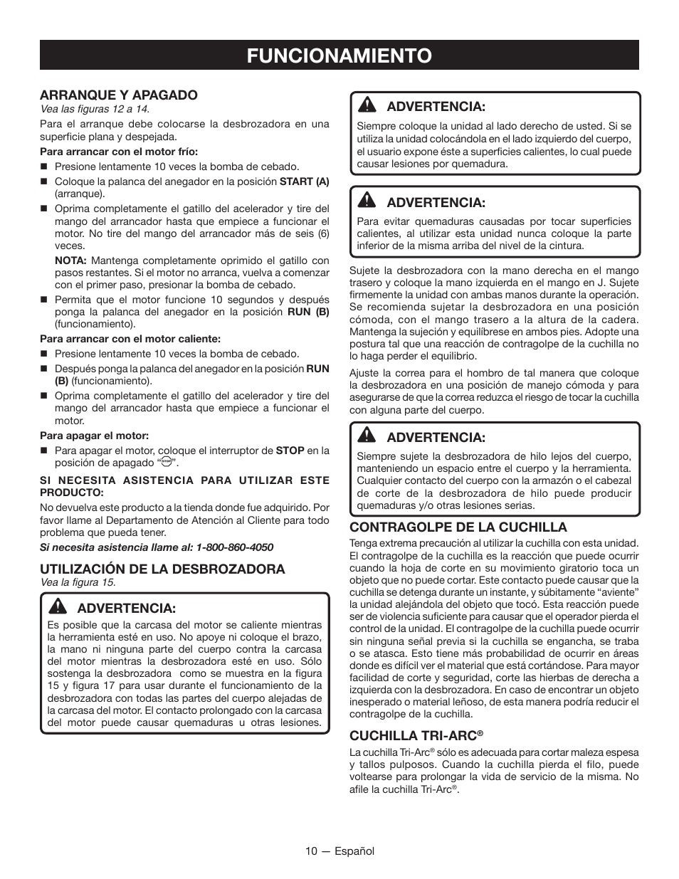 Funcionamiento, Arranque y apagado, Utilización de la desbrozadora | Advertencia, Contragolpe de la cuchilla, Cuchilla tri-arc | Ryobi RY28160 User Manual | Page 44 / 52