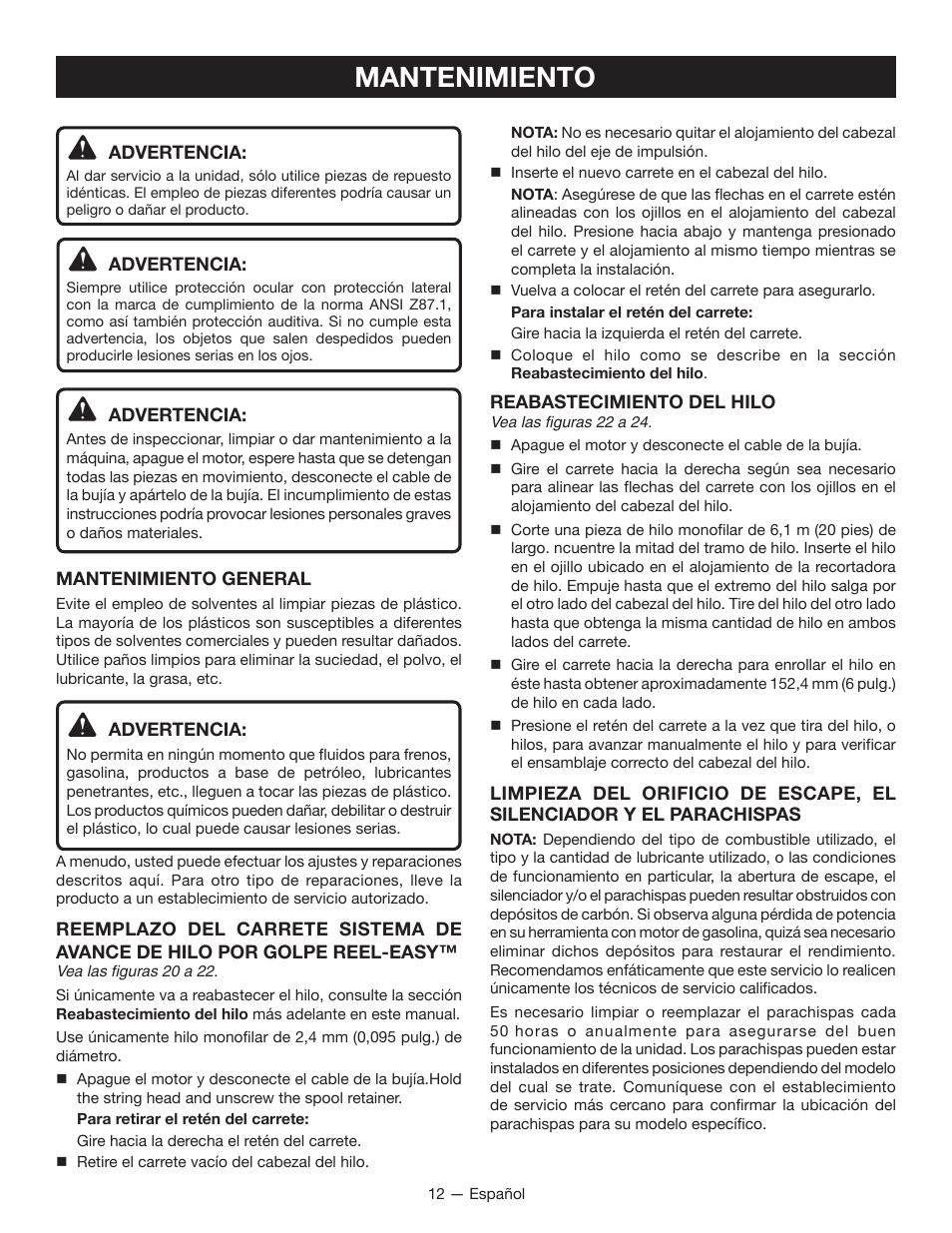 Mantenimiento | Ryobi RY28160 User Manual | Page 46 / 52