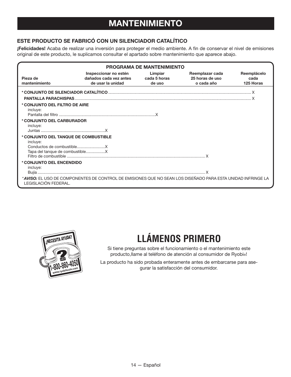 Llámenos primero, Mantenimiento | Ryobi RY28160 User Manual | Page 48 / 52