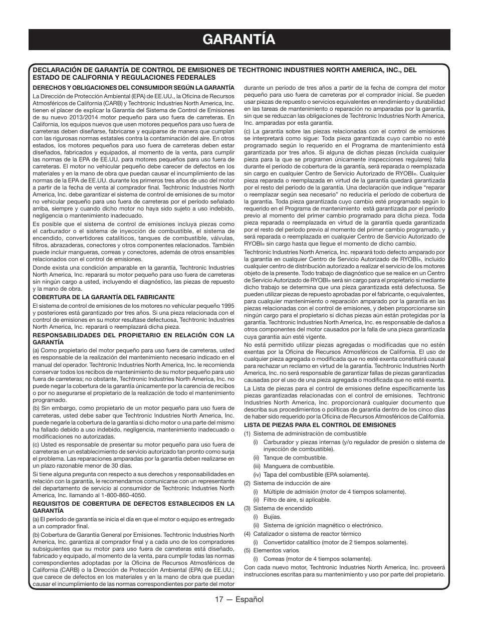 Garantía, 17 — español | Ryobi RY28160 User Manual | Page 51 / 52