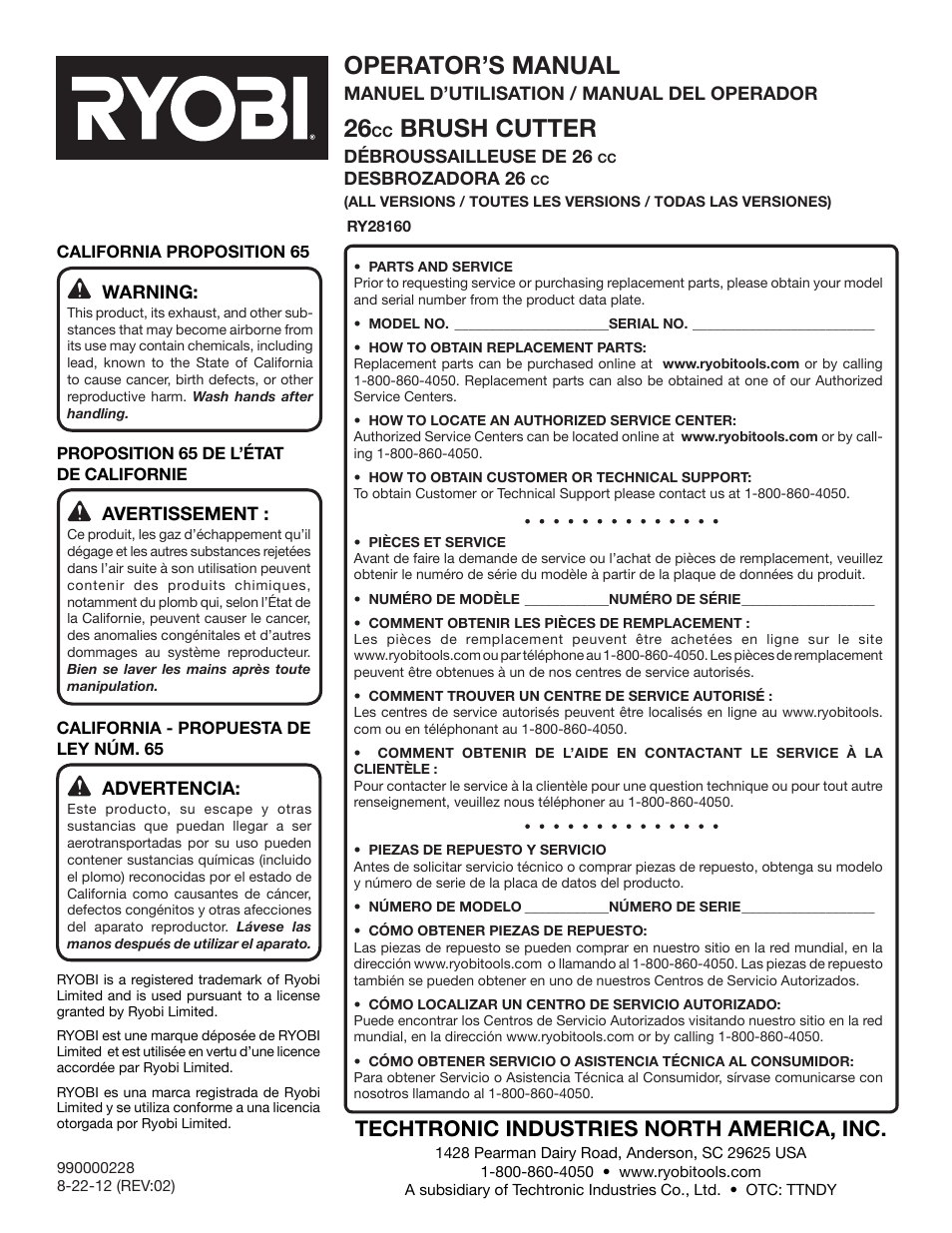 Operator’s manual, Brush cutter, Techtronic industries north america, inc | Ryobi RY28160 User Manual | Page 52 / 52