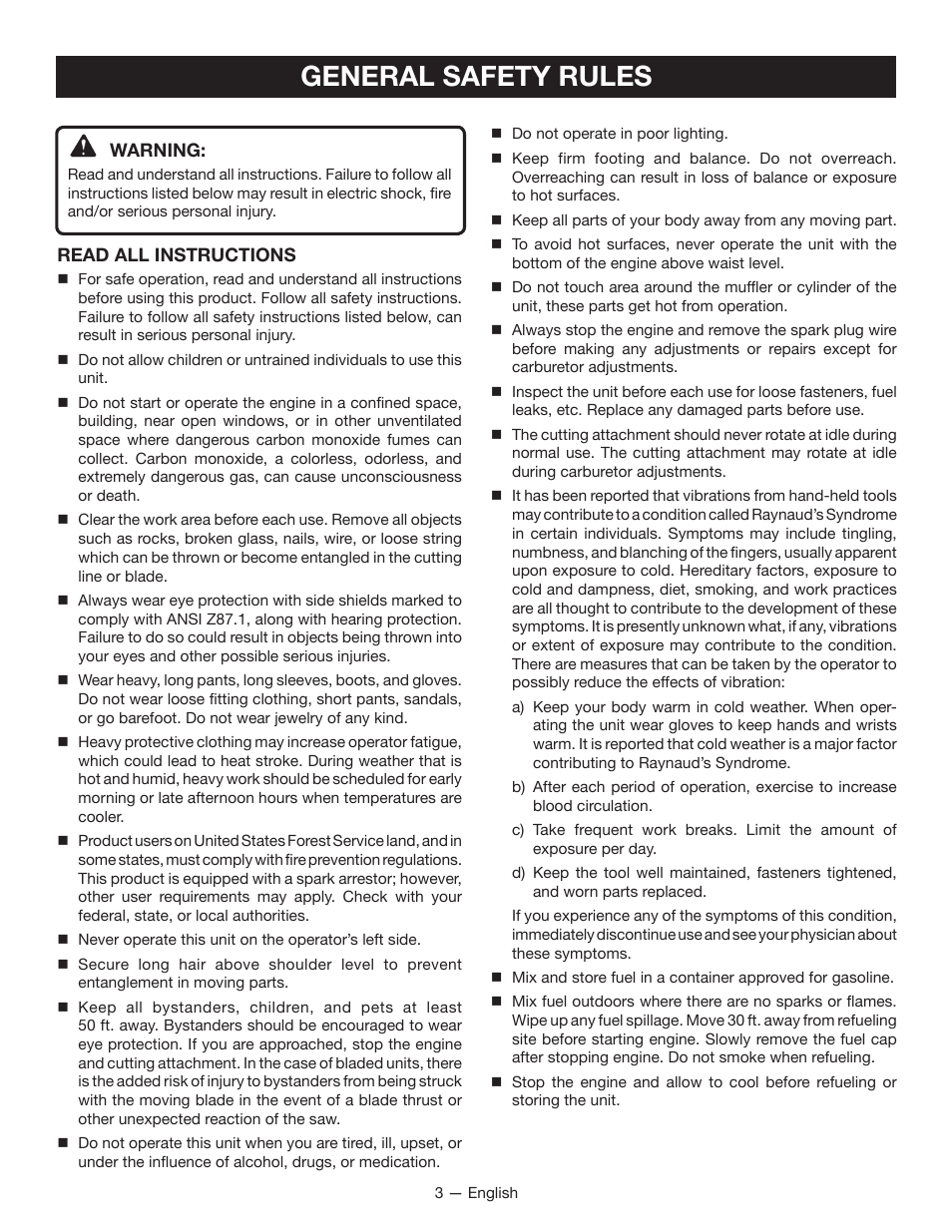 General safety rules | Ryobi RY28160 User Manual | Page 7 / 52