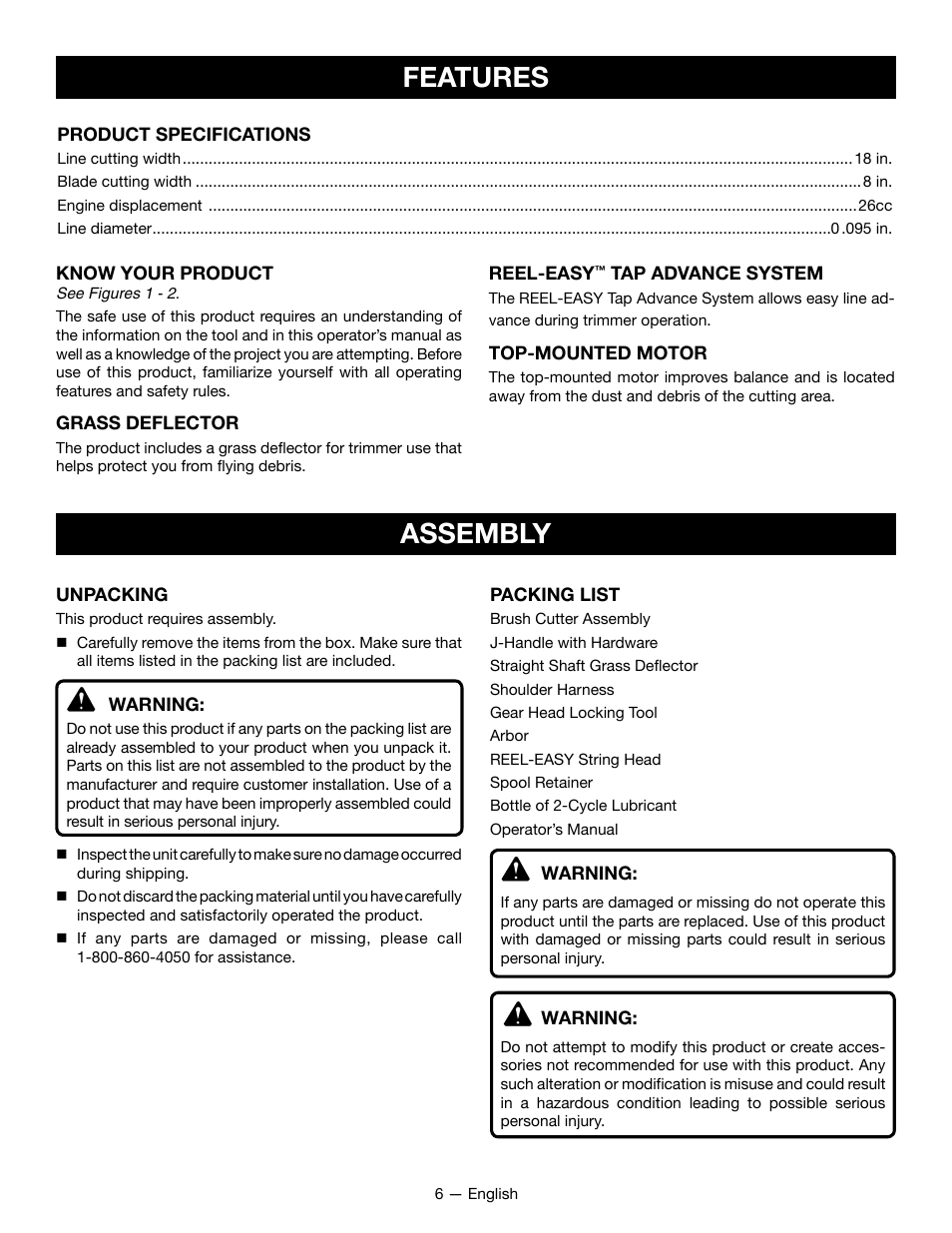 Assembly features | Ryobi RY28161 User Manual | Page 10 / 52