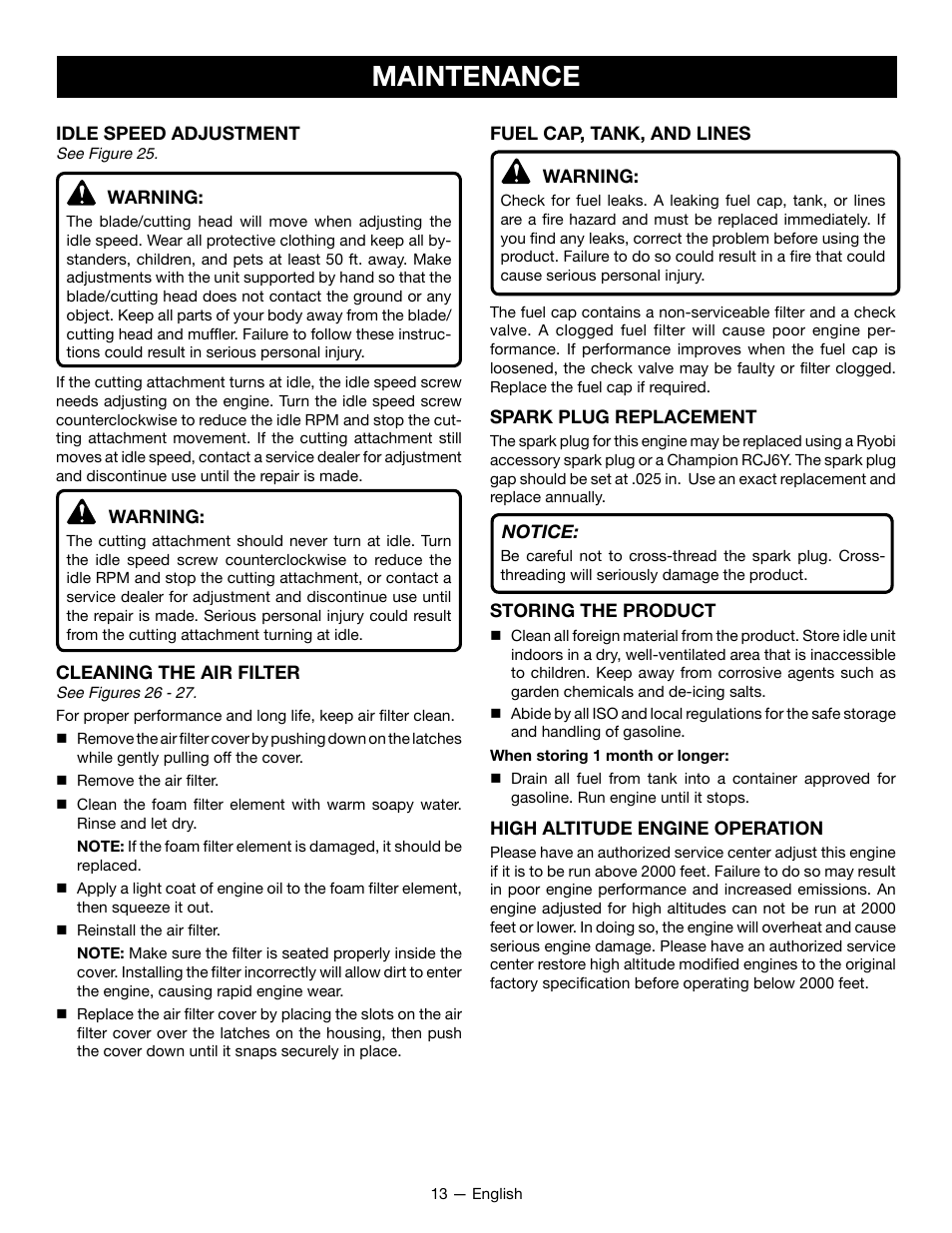 Maintenance | Ryobi RY28161 User Manual | Page 17 / 52