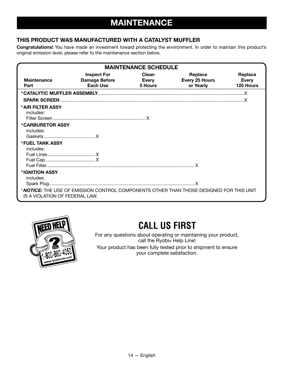Call us first, Maintenance | Ryobi RY28161 User Manual | Page 18 / 52