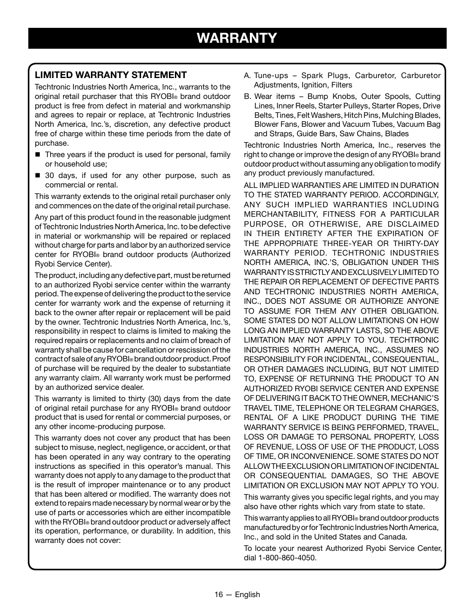 Warranty, Limited warranty statement | Ryobi RY28161 User Manual | Page 20 / 52