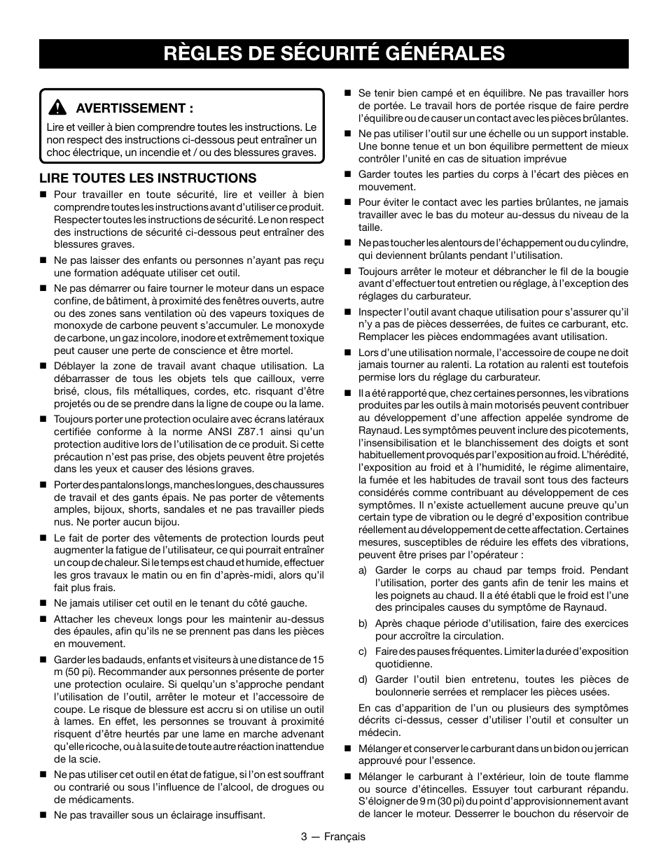 Règles de sécurité générales, Avertissement, Lire toutes les instructions | Ryobi RY28161 User Manual | Page 21 / 52