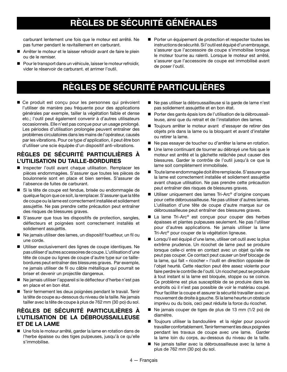 Règles de sécurité générales, Règles de sécurité particulières | Ryobi RY28161 User Manual | Page 22 / 52