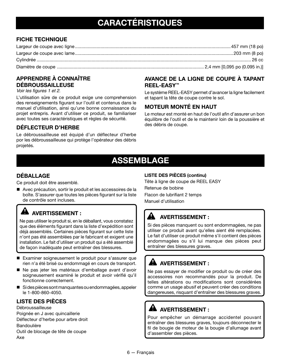 Caractéristiques, Assemblage | Ryobi RY28161 User Manual | Page 24 / 52