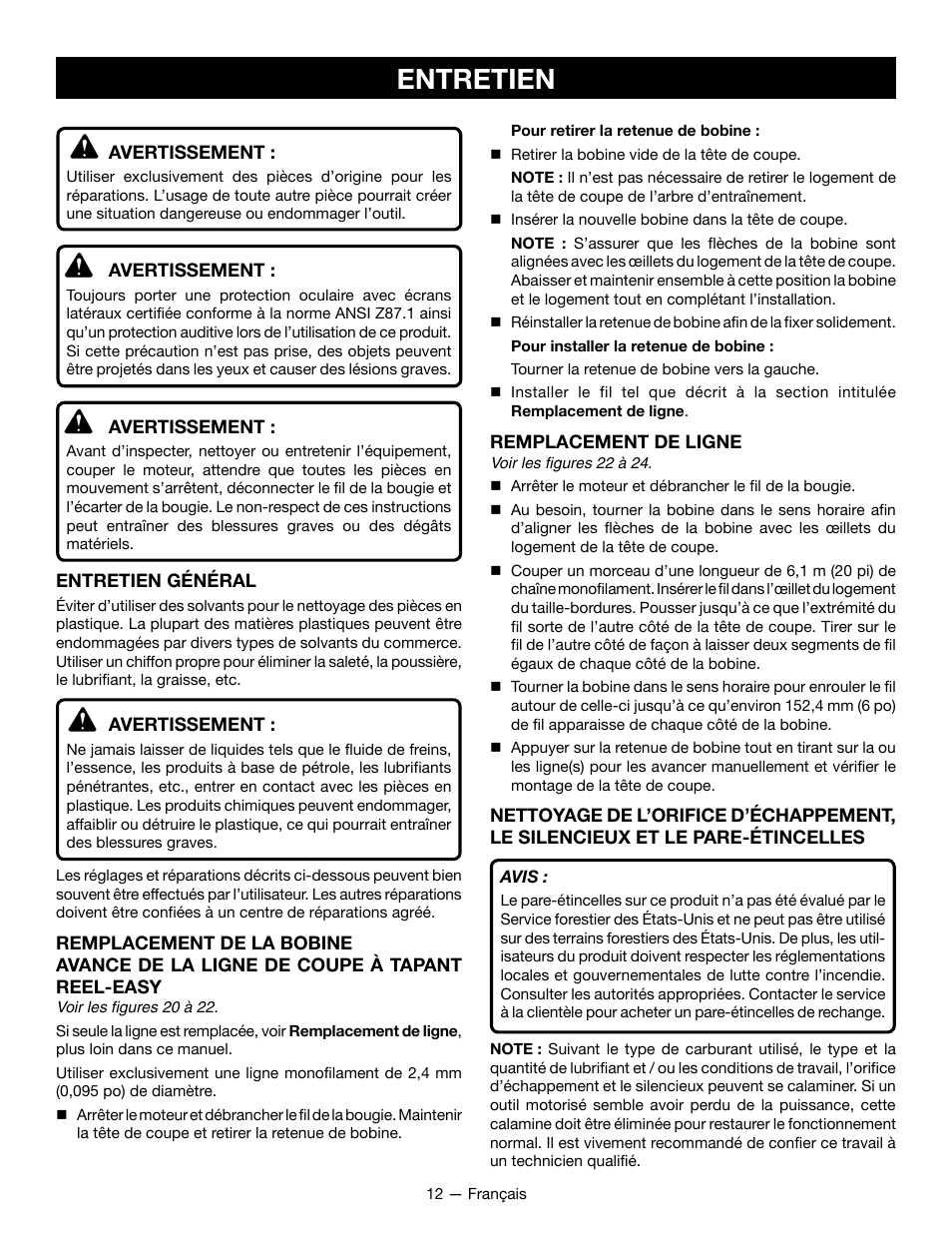 Entretien | Ryobi RY28161 User Manual | Page 30 / 52