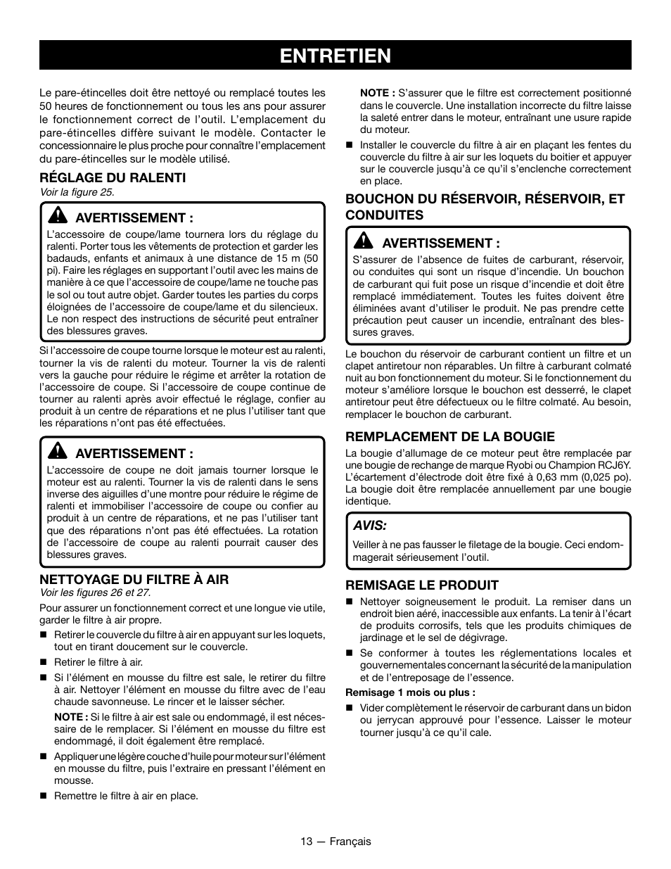 Entretien, Réglage du ralenti, Avertissement | Nettoyage du filtre à air, Remplacement de la bougie, Avis, Remisage le produit | Ryobi RY28161 User Manual | Page 31 / 52