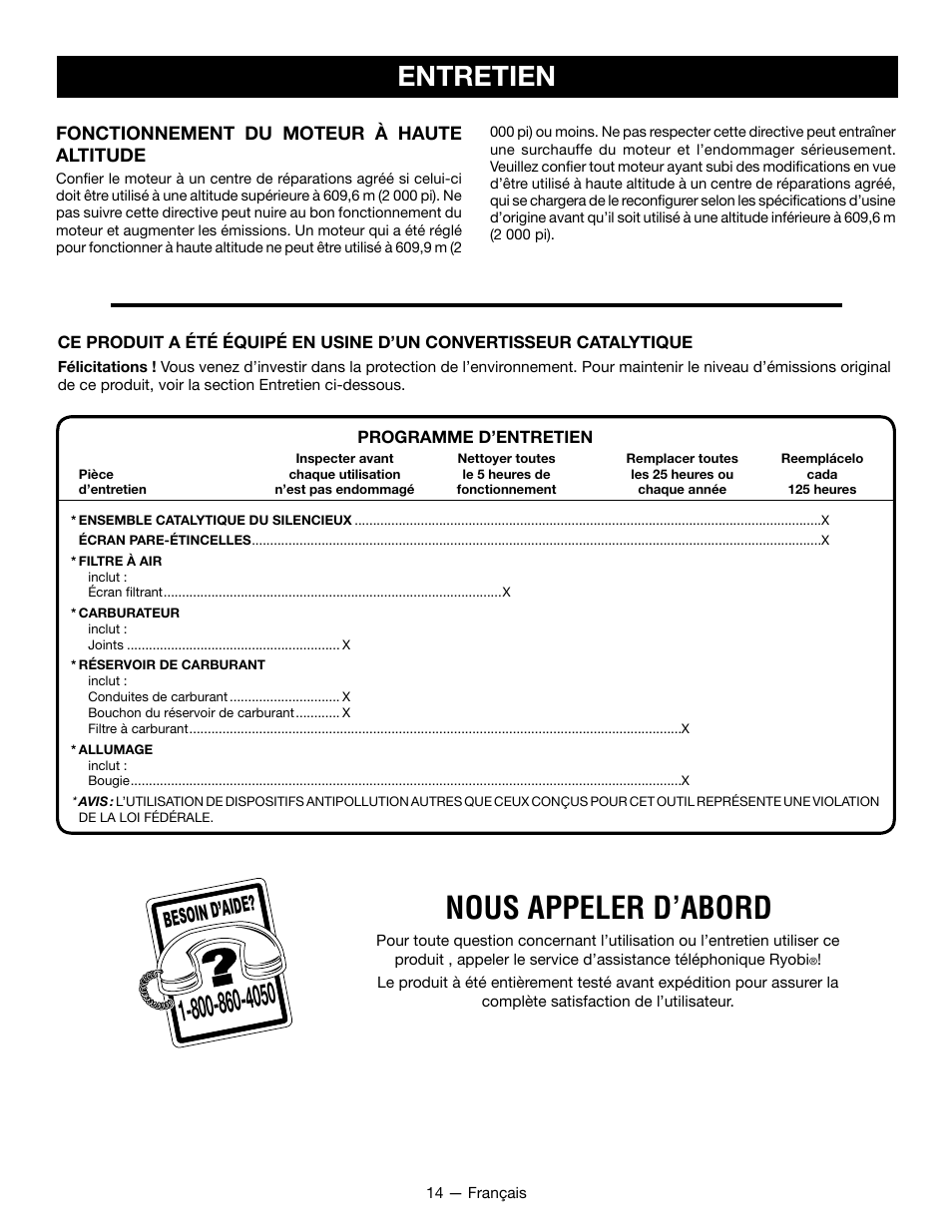 Nous appeler d’abord, Entretien, Besoin d’aid e | Ryobi RY28161 User Manual | Page 32 / 52