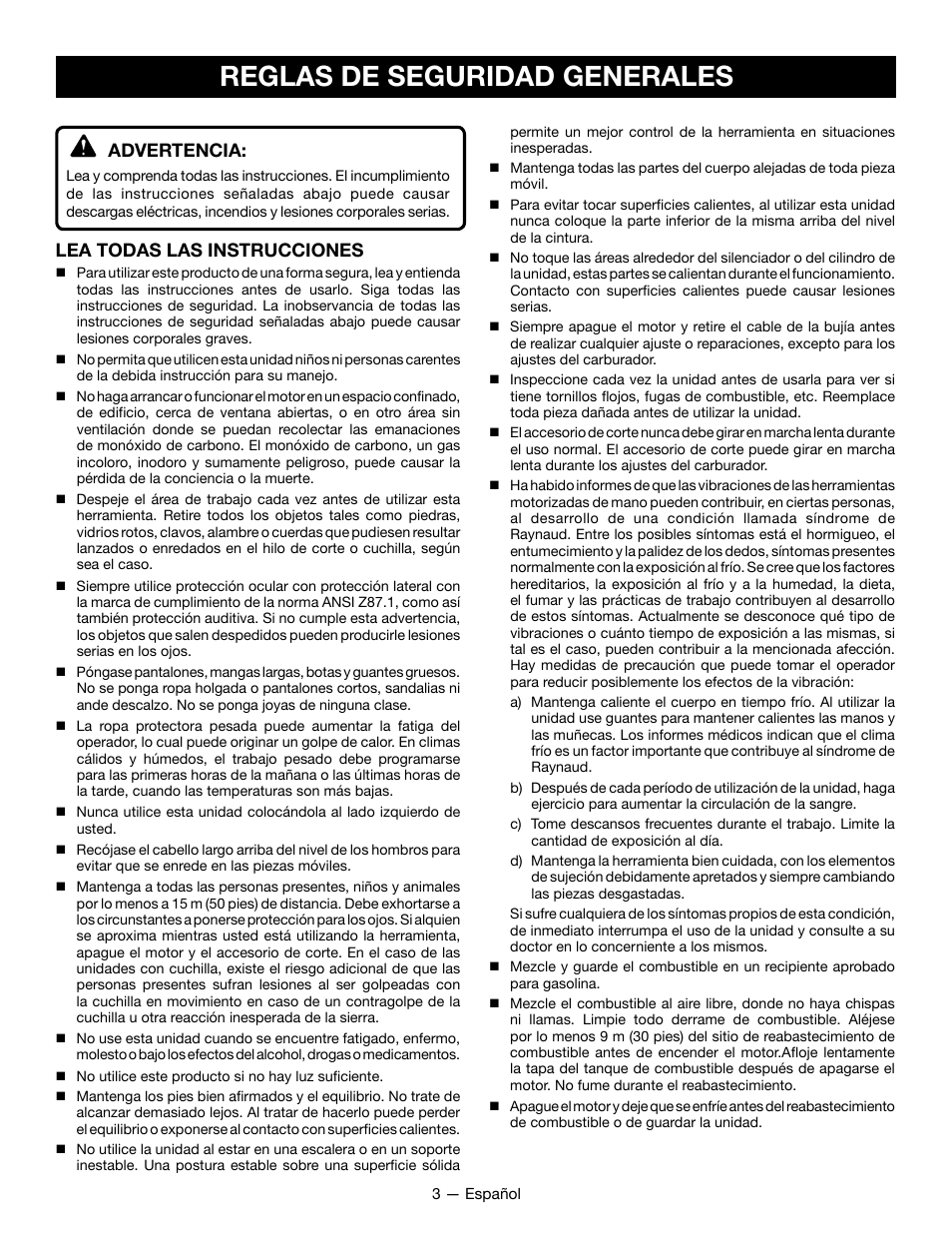 Reglas de seguridad generales, Advertencia, Lea todas las instrucciones | Ryobi RY28161 User Manual | Page 35 / 52