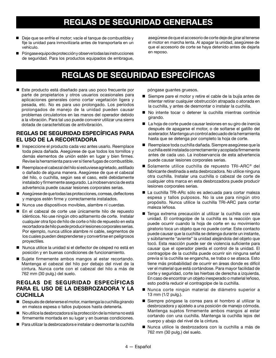 Reglas de seguridad específicas, Reglas de seguridad generales | Ryobi RY28161 User Manual | Page 36 / 52