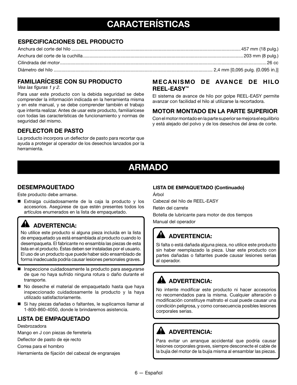 Armado características | Ryobi RY28161 User Manual | Page 38 / 52