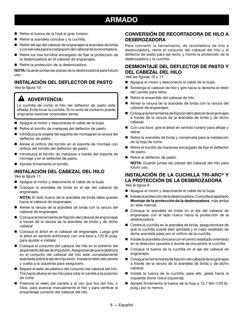 Armado, Instalación del deflector de pasto, Advertencia | Instalación del cabezal del hilo, Conversión de recortadora de hilo a desbrozadora, Instalación de la cuchilla tri-arc, Yla protección de la desbrozadora | Ryobi RY28161 User Manual | Page 40 / 52