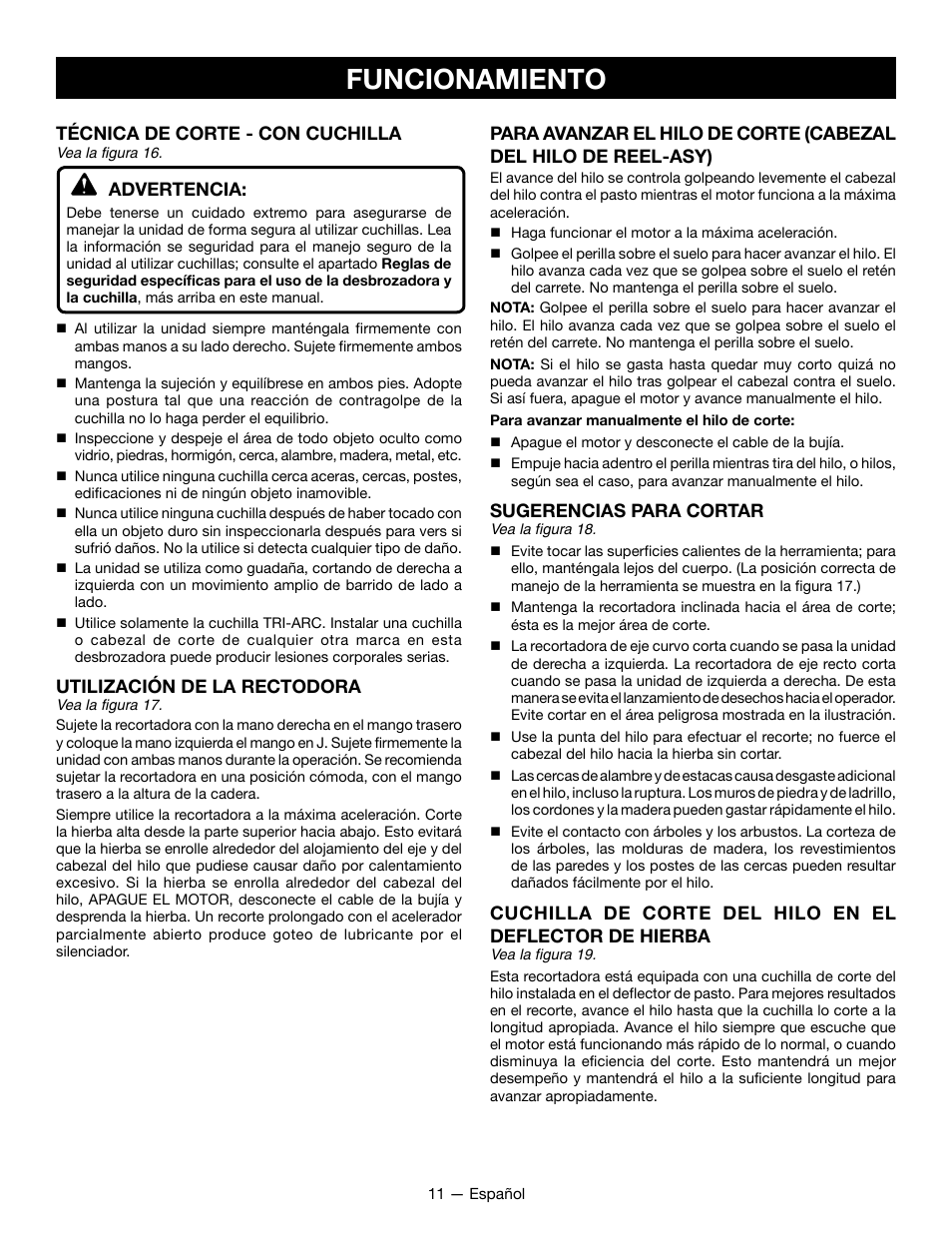 Funcionamiento, Técnica de corte - con cuchilla, Advertencia | Utilización de la rectodora, Sugerencias para cortar | Ryobi RY28161 User Manual | Page 43 / 52