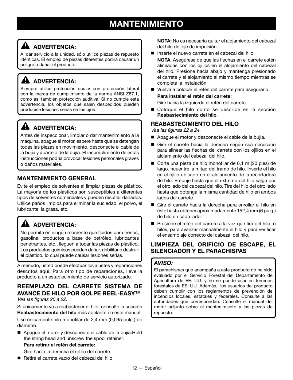 Mantenimiento | Ryobi RY28161 User Manual | Page 44 / 52