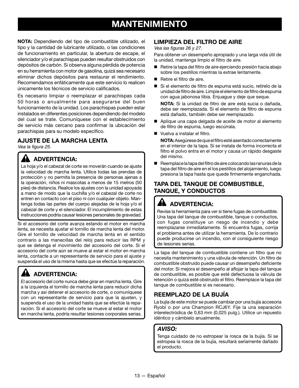 Mantenimiento | Ryobi RY28161 User Manual | Page 45 / 52