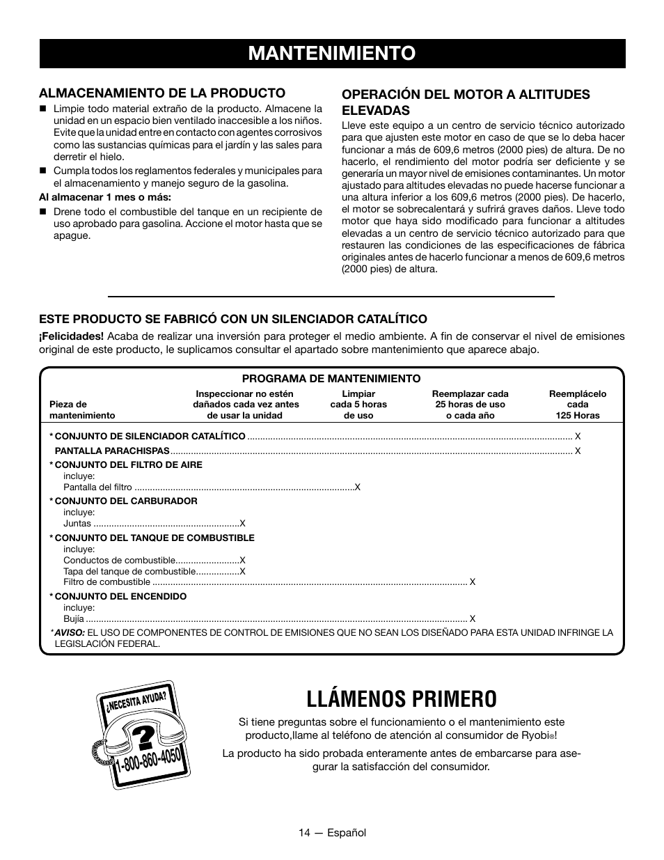 Llámenos primero, Mantenimiento | Ryobi RY28161 User Manual | Page 46 / 52