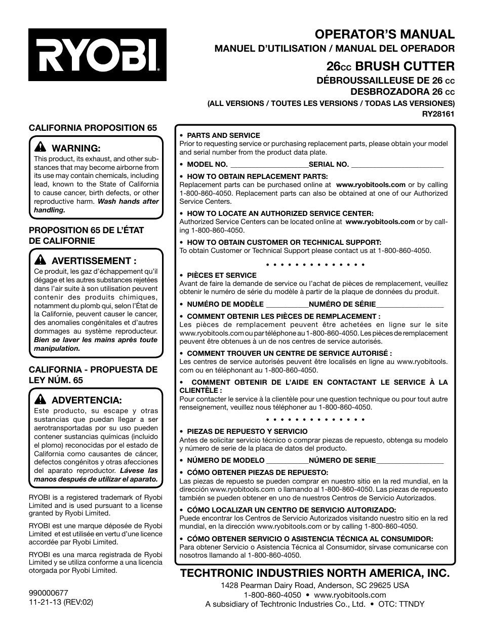 Operator’s manual, Brush cutter, Techtronic industries north america, inc | Ryobi RY28161 User Manual | Page 52 / 52