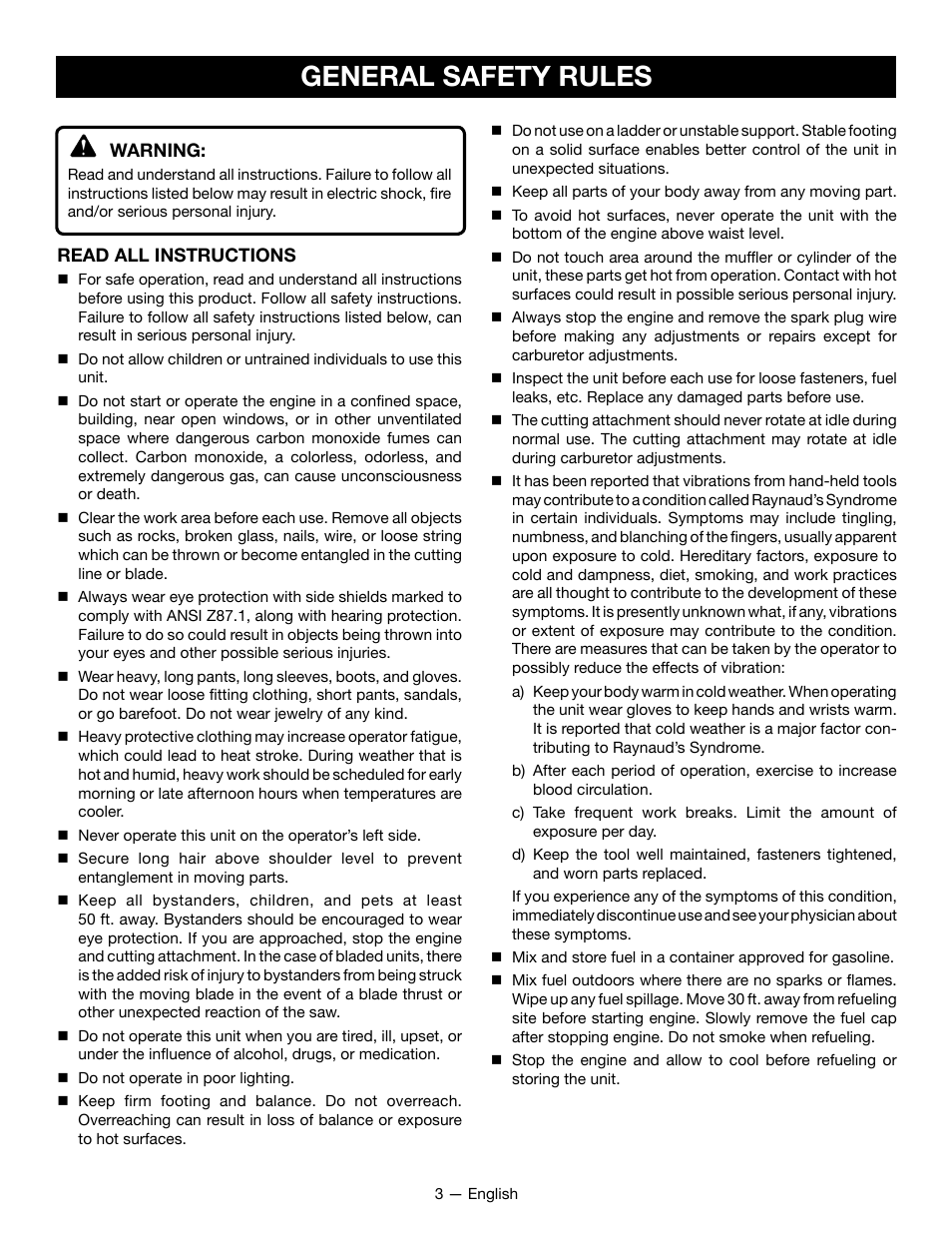 General safety rules | Ryobi RY28161 User Manual | Page 7 / 52