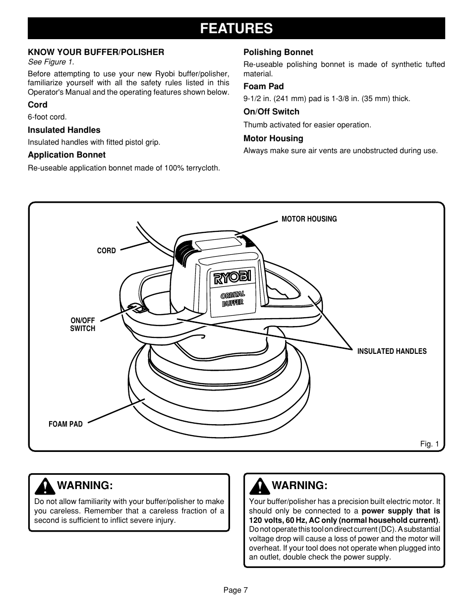 Features, Warning | Ryobi RB100 User Manual | Page 7 / 12