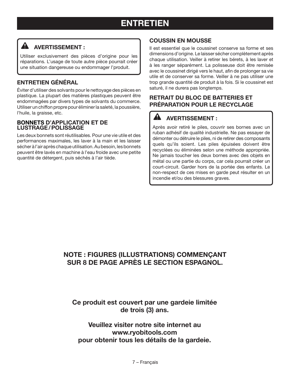 Entretien | Ryobi P430 User Manual | Page 13 / 24