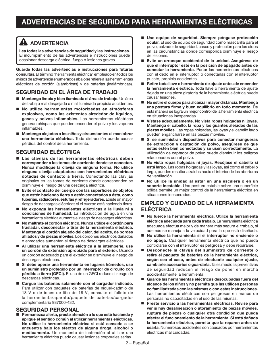 P430-p430g_967_sp, Advertencia, Seguridad en el área de trabajo | Seguridad eléctrica, Seguridad personal, Empleo y cuidado de la herramienta eléctrica | Ryobi P430 User Manual | Page 14 / 24