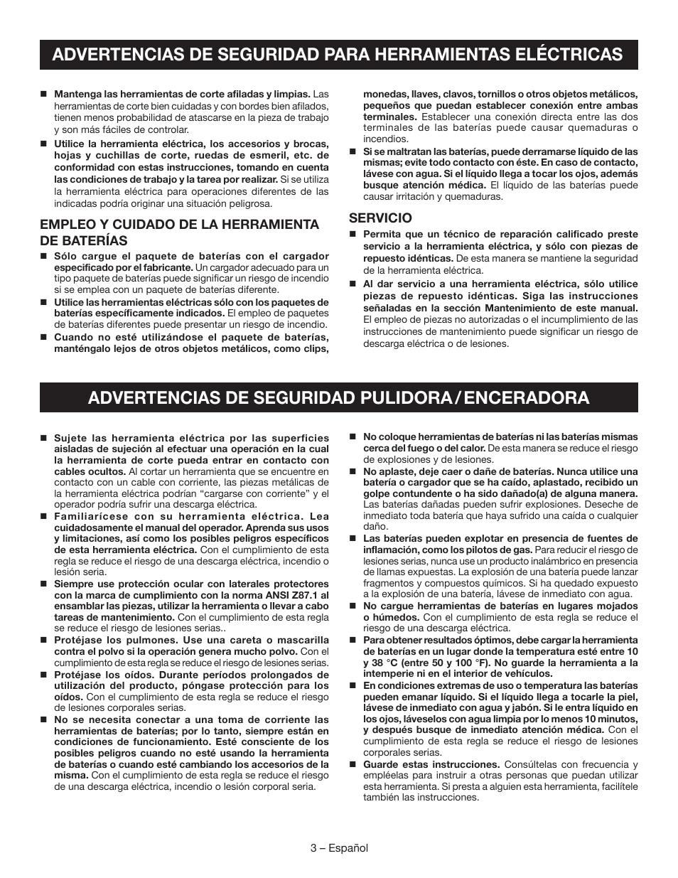 Advertencias de seguridad pulidora / enceradora, Empleo y cuidado de la herramienta de baterías, Servicio | Ryobi P430 User Manual | Page 15 / 24