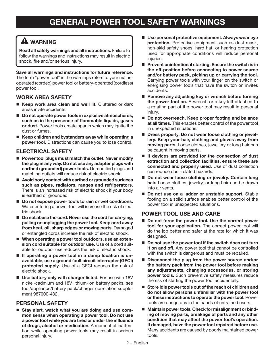 General power tool safety warnings | Ryobi P430 User Manual | Page 2 / 24