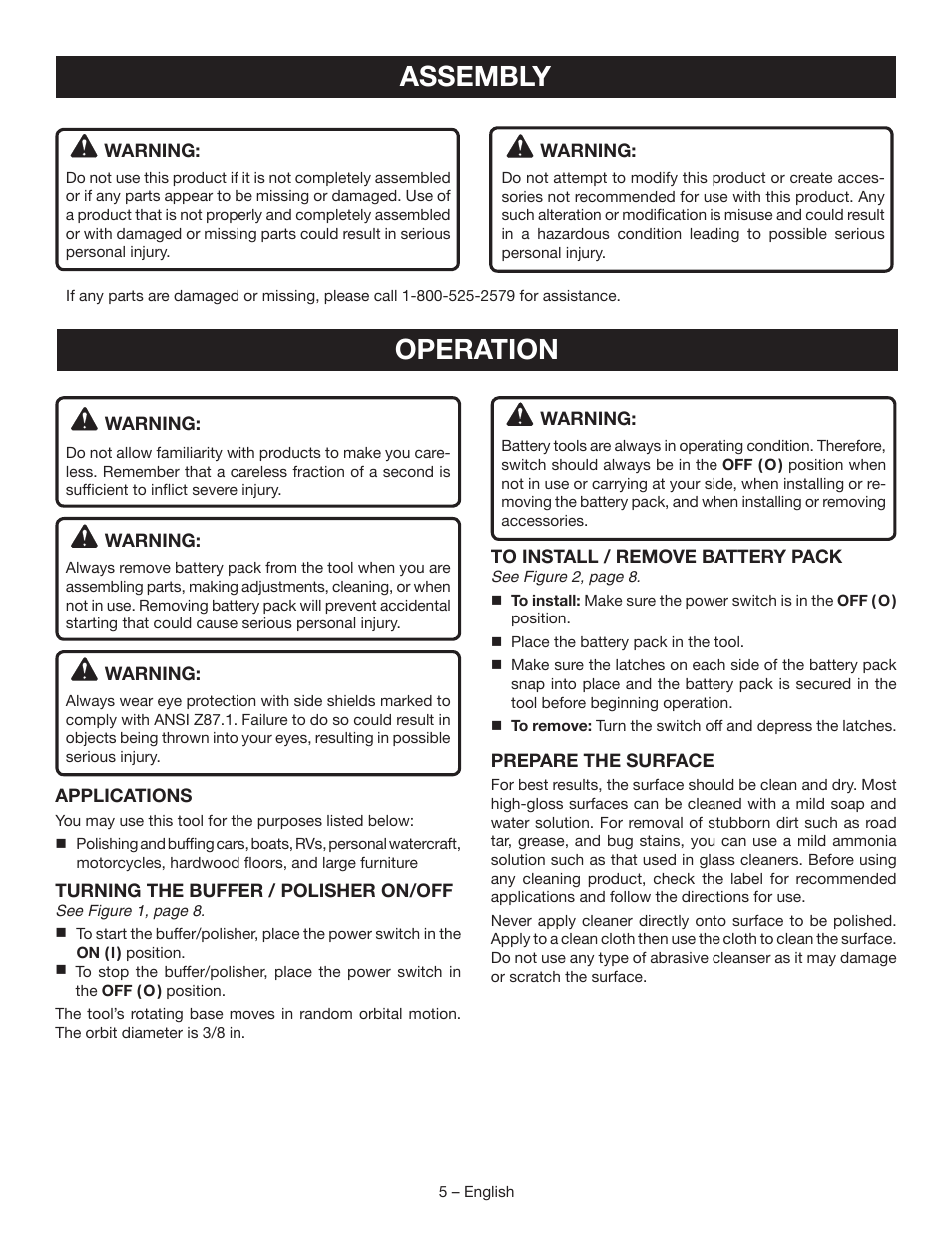 Assembly, Operation | Ryobi P430 User Manual | Page 5 / 24