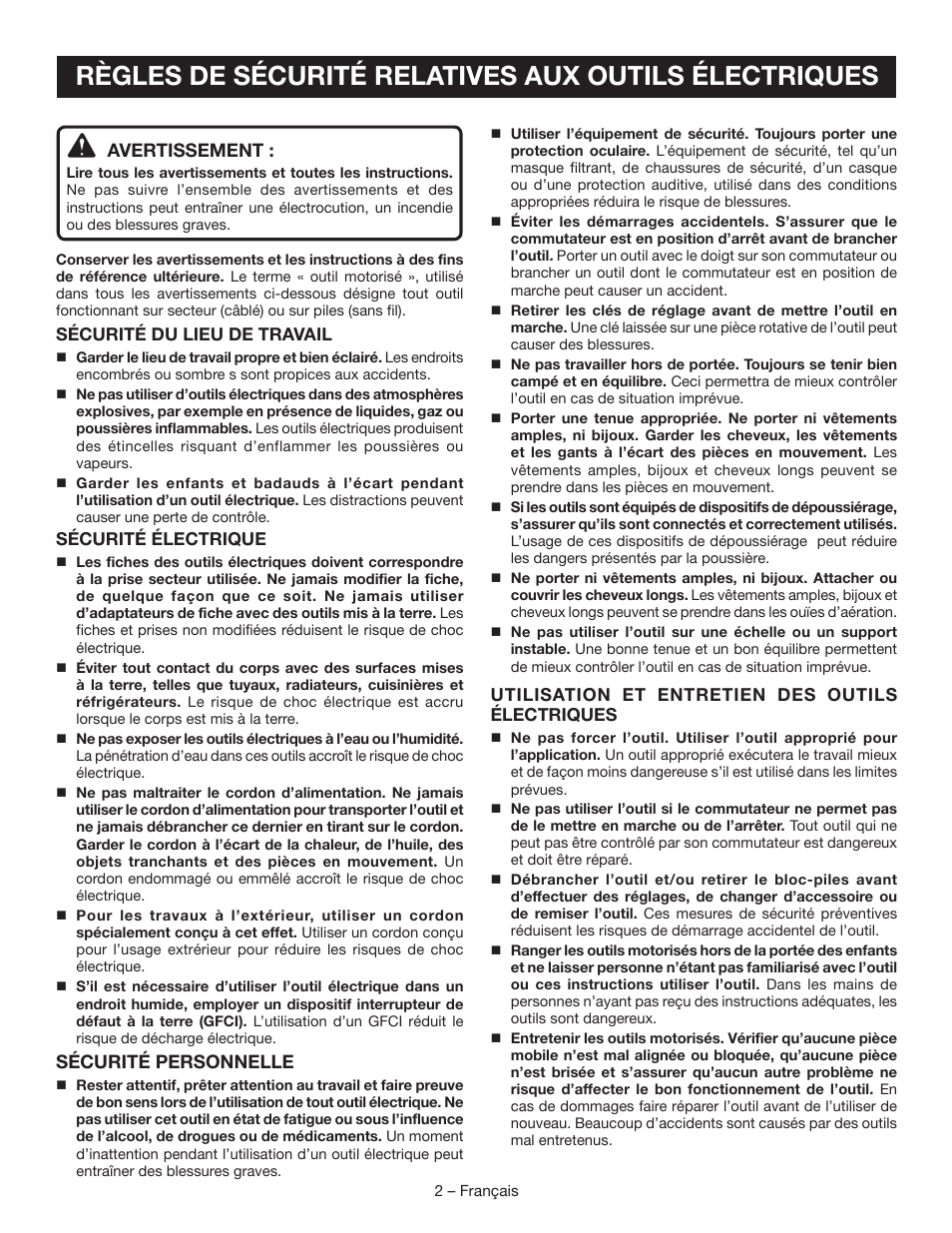 Avertissement, Sécurité personnelle | Ryobi RB60G User Manual | Page 10 / 28