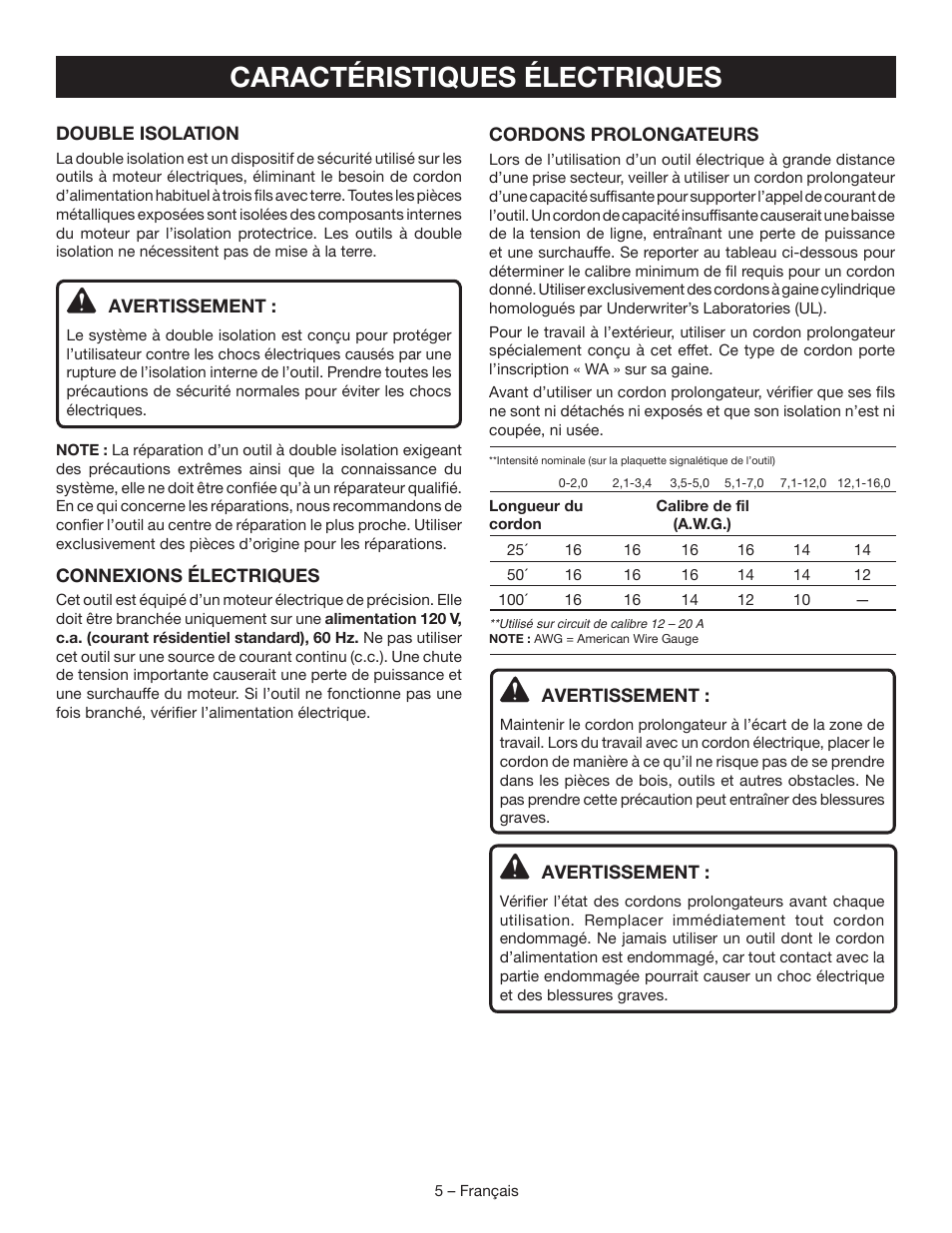 Caractéristiques électriques | Ryobi RB60G User Manual | Page 13 / 28