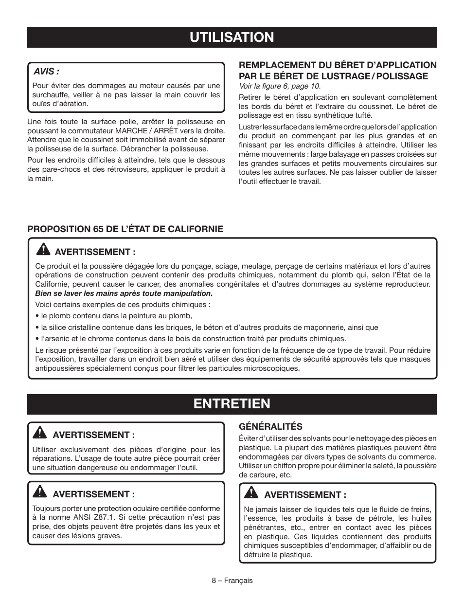 Utilisation, Entretien | Ryobi RB60G User Manual | Page 16 / 28