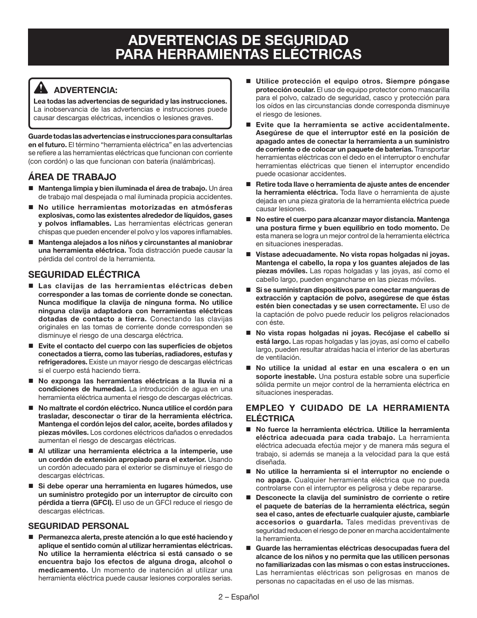 Área de trabajo, Seguridad eléctrica | Ryobi RB60G User Manual | Page 18 / 28