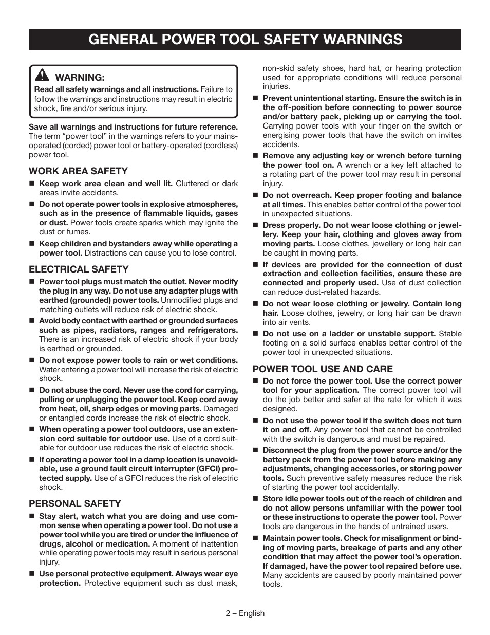 General power tool safety warnings | Ryobi RB60G User Manual | Page 2 / 28