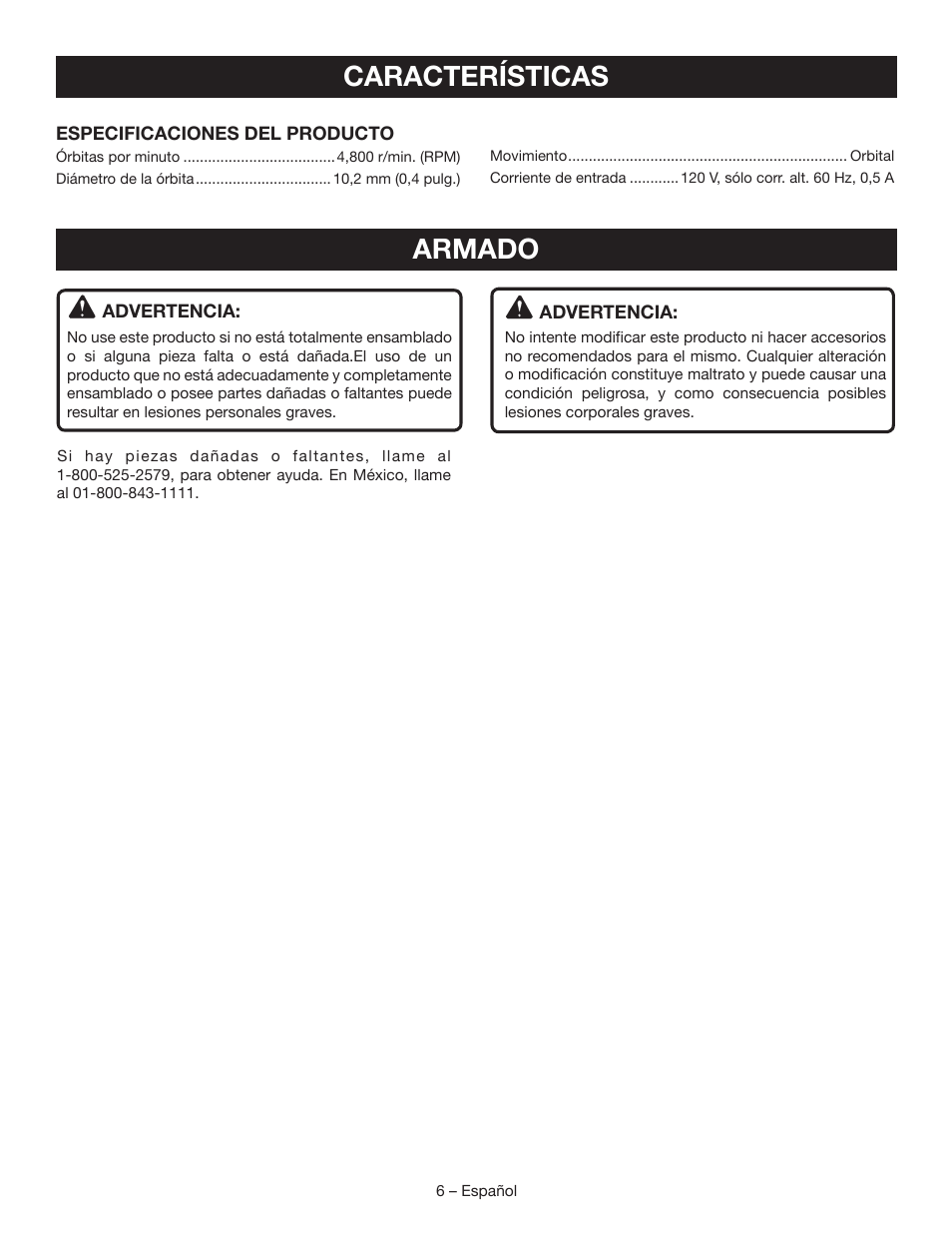 Características, Armado | Ryobi RB60G User Manual | Page 22 / 28
