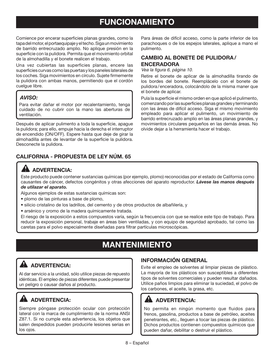 Funcionamiento, Mantenimiento | Ryobi RB60G User Manual | Page 24 / 28