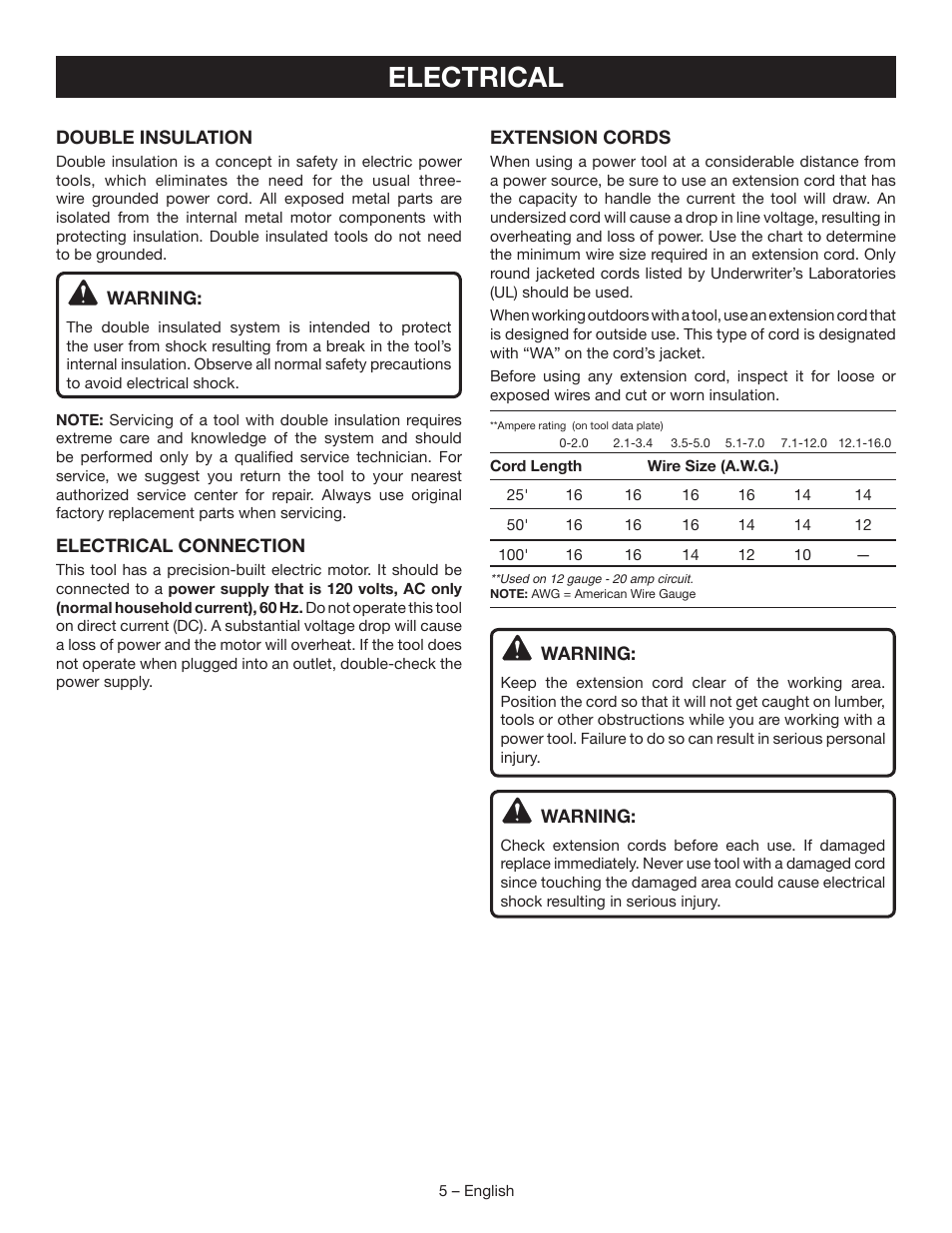 Electrical | Ryobi RB60G User Manual | Page 5 / 28