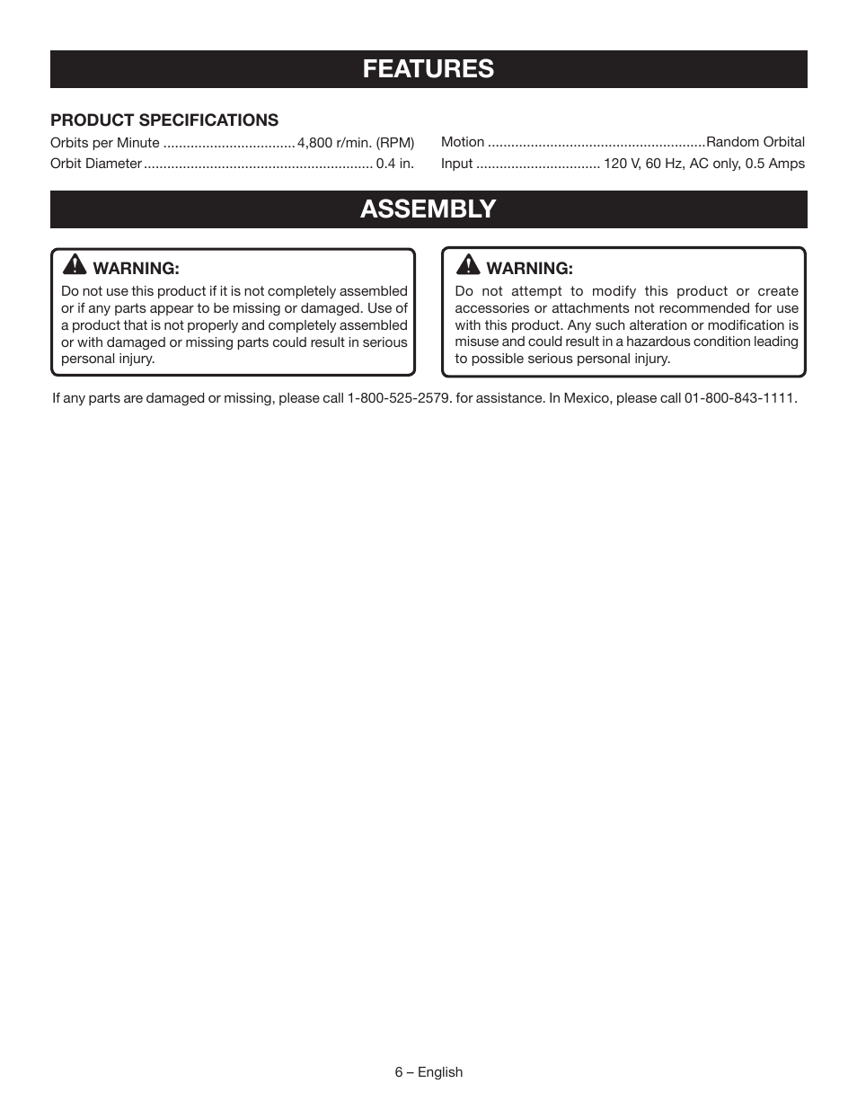 Features, Assembly | Ryobi RB60G User Manual | Page 6 / 28