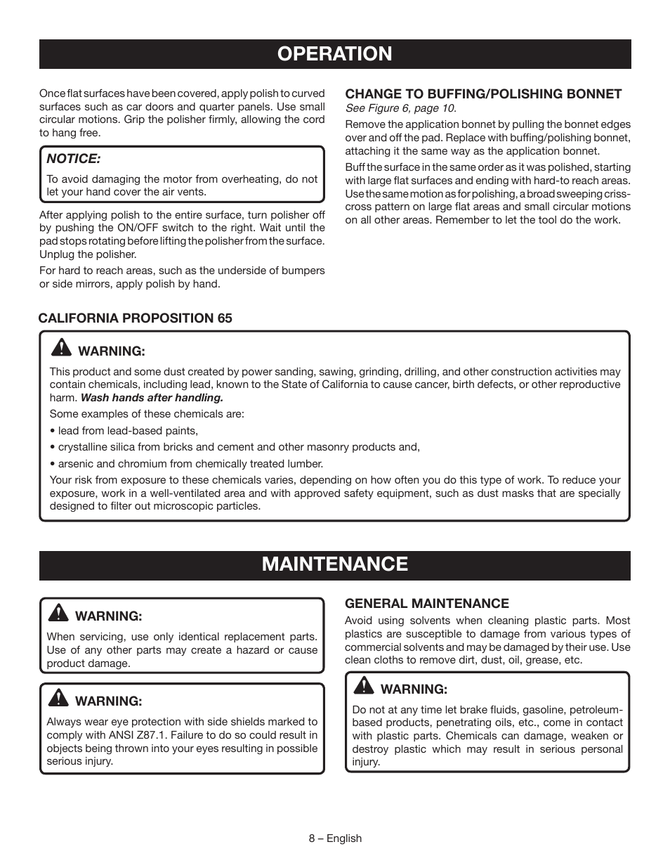 Operation, Maintenance | Ryobi RB60G User Manual | Page 8 / 28