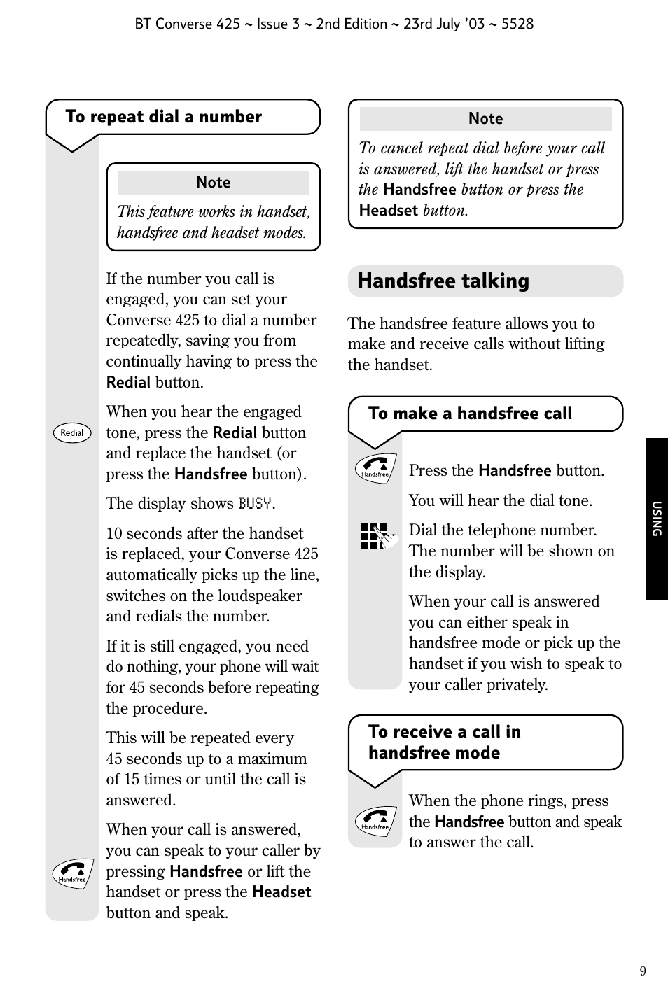 Handsfree talking | BT CONVERSE 425 User Manual | Page 10 / 23