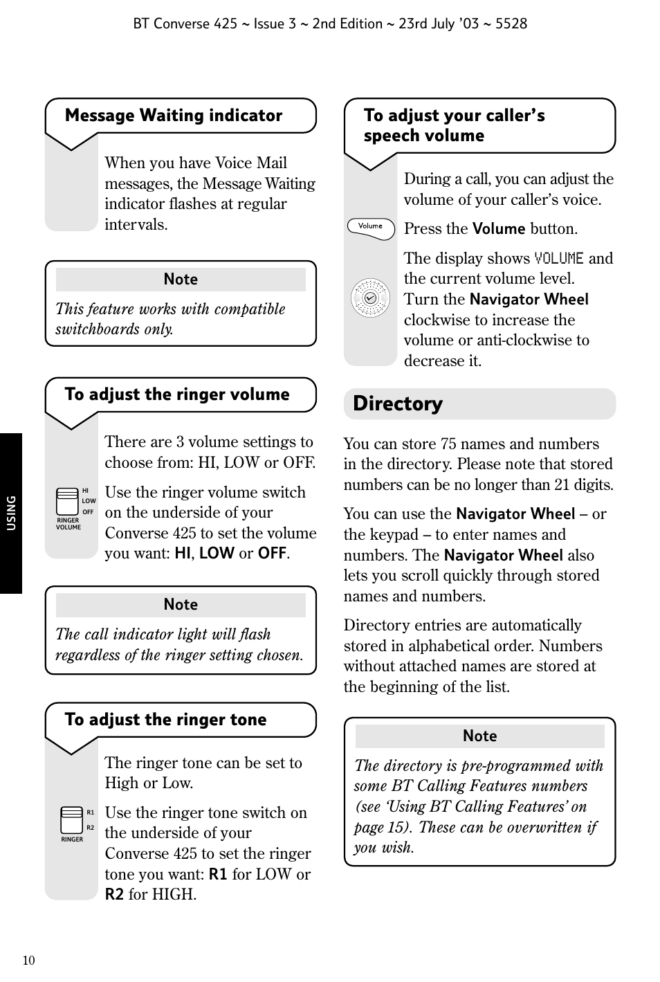 Directory, Message waiting indicator | BT CONVERSE 425 User Manual | Page 11 / 23